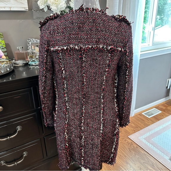 Zara Basic Tweed Longline Coat Jacket XS Black Red Fringe Bouclé - Picture 9 of 16